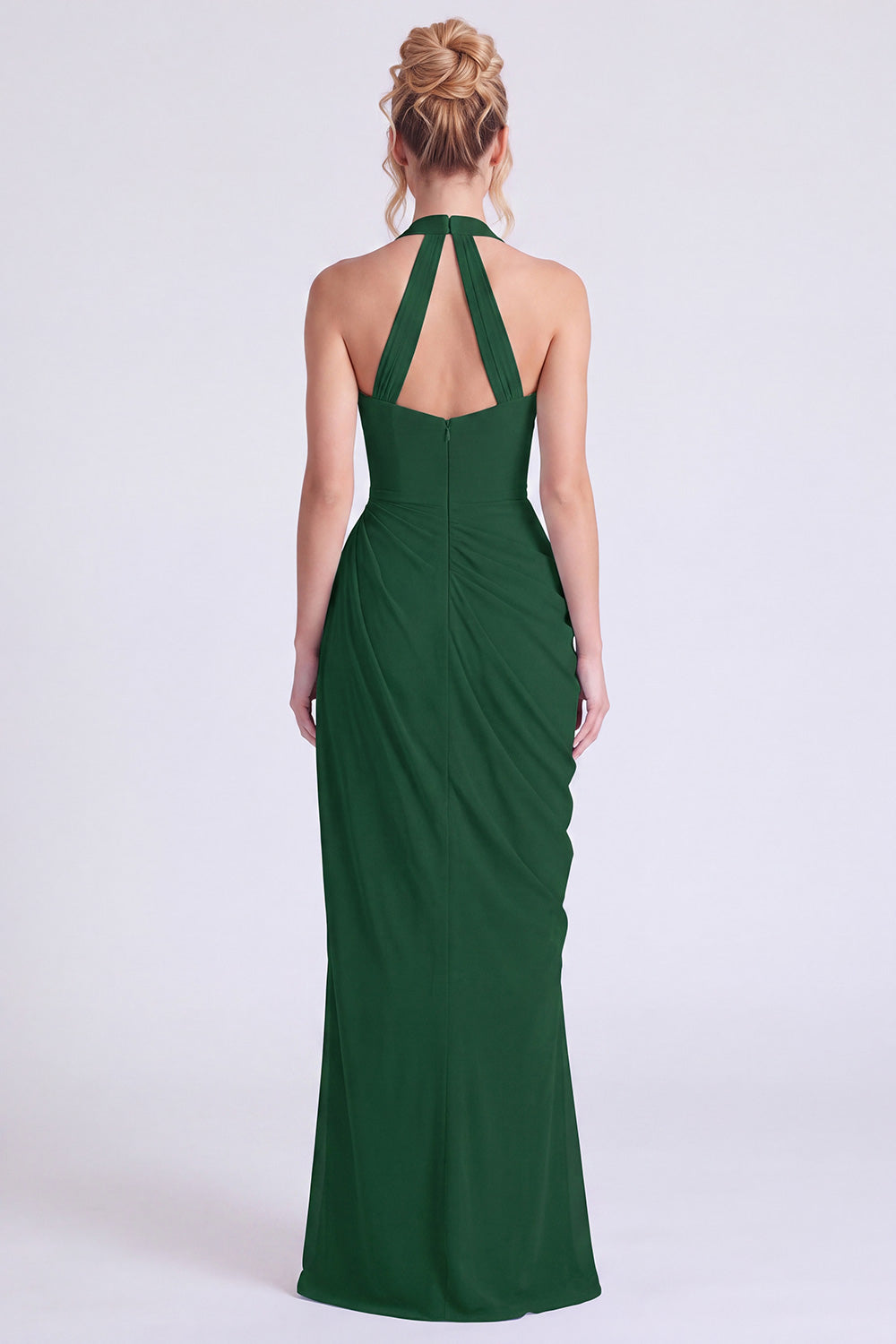 Dusty Sage Mermaid Halter Neck Ruched Floral Long Bridesmaid Dress with Slit