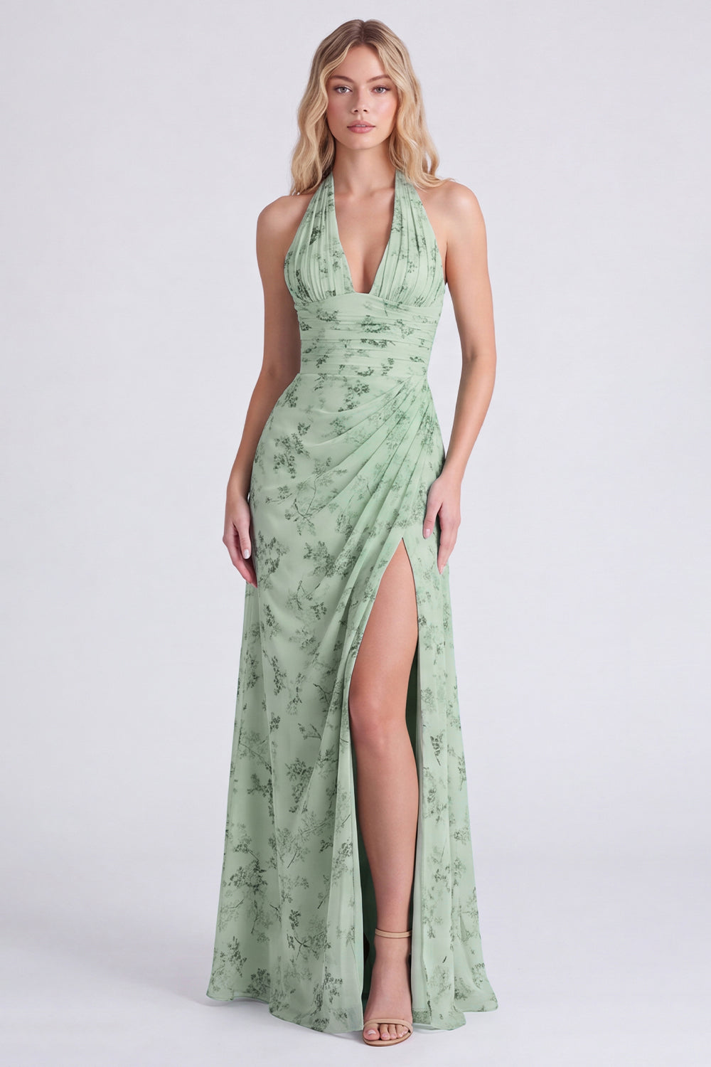 Dusty Sage Mermaid Halter Neck Ruched Floral Long Bridesmaid Dress with Slit