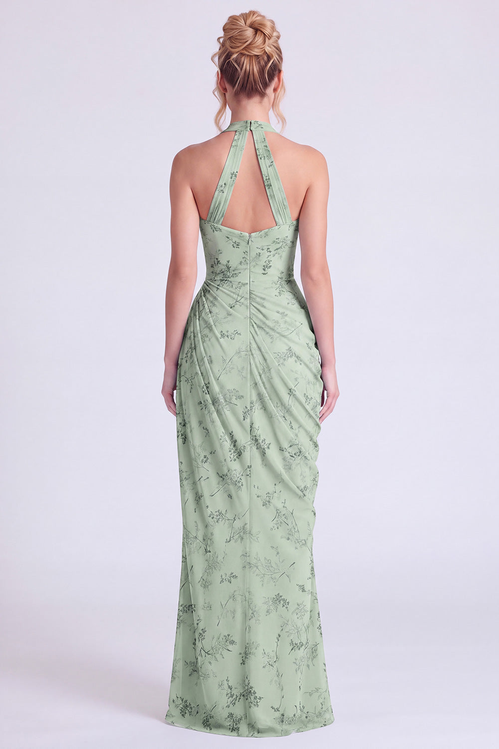 Dusty Sage Mermaid Halter Neck Ruched Floral Long Bridesmaid Dress with Slit