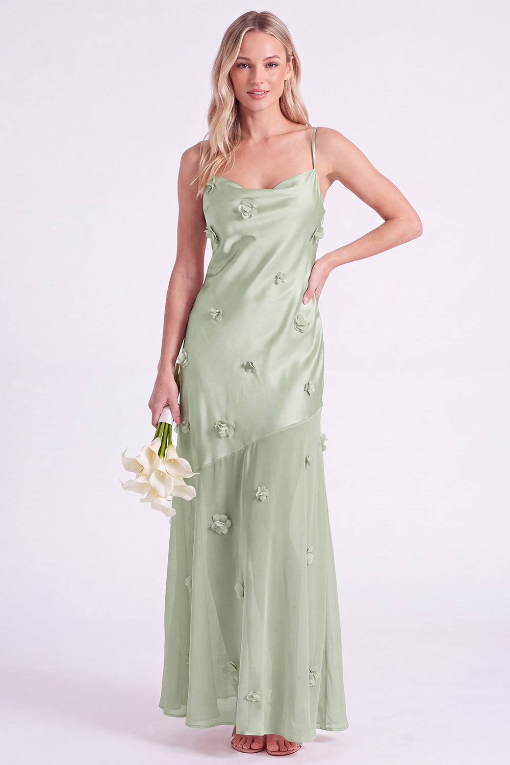 Pink Sheath Satin Spaghetti Straps Long Bridesmaid Dress with 3D Flowers