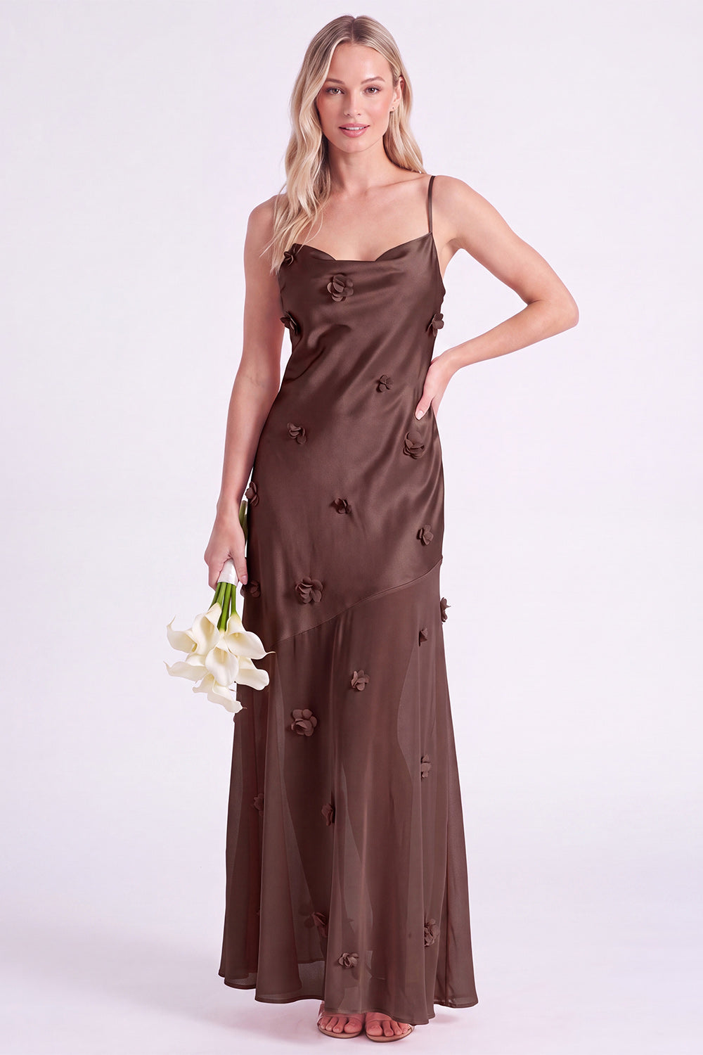 Pink Sheath Satin Spaghetti Straps Long Bridesmaid Dress with 3D Flowers