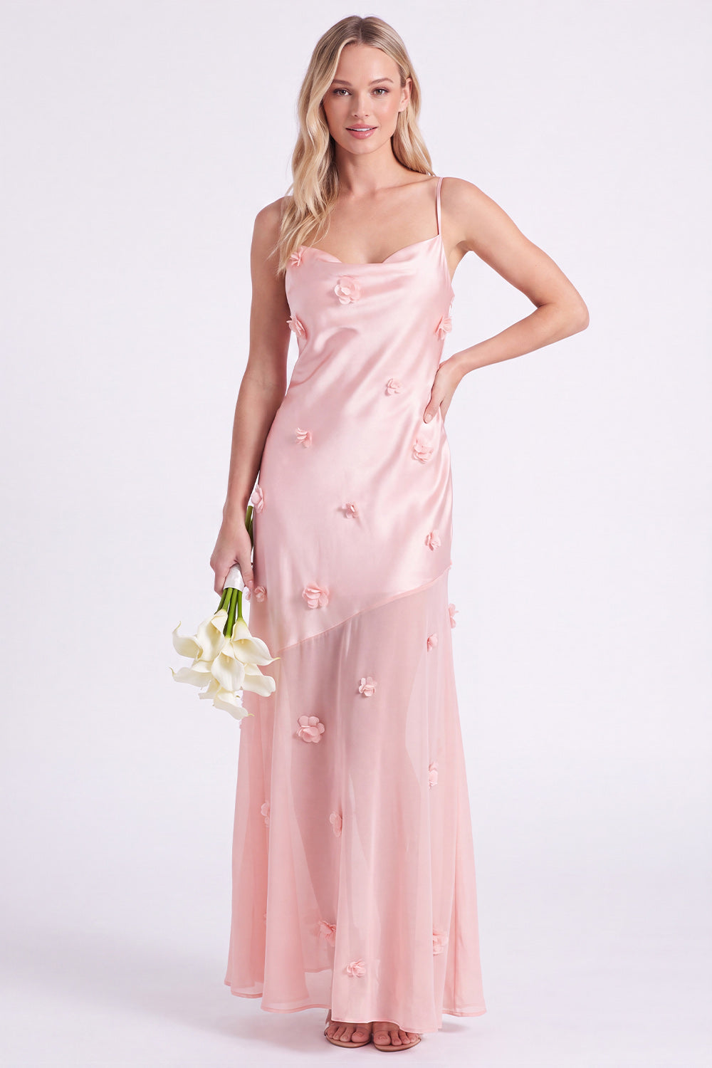 Pink Sheath Satin Spaghetti Straps Long Bridesmaid Dress with 3D Flowers