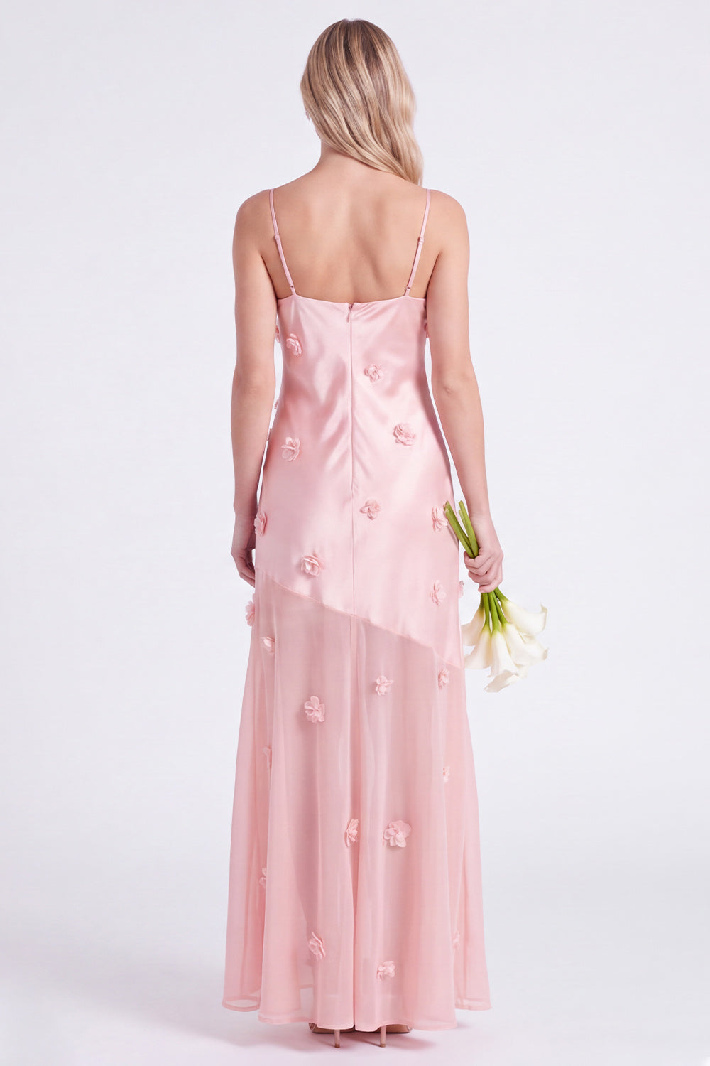 Pink Sheath Satin Spaghetti Straps Long Bridesmaid Dress with 3D Flowers