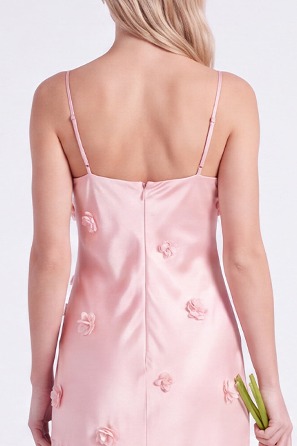 Pink Sheath Satin Spaghetti Straps Long Bridesmaid Dress with 3D Flowers