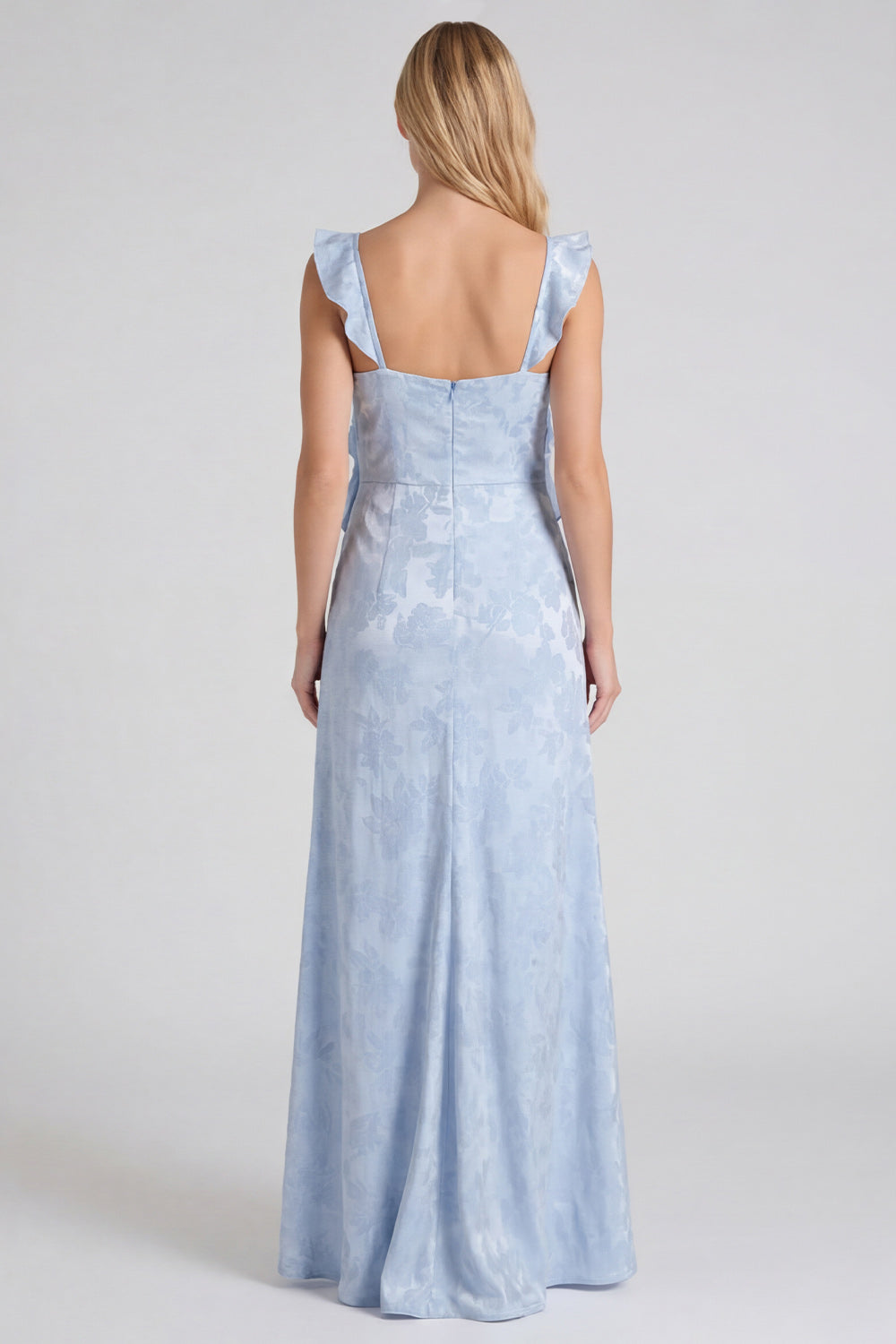 Floral Jacquard Ruffle Strap Long Bridesmaid Dress with Slit