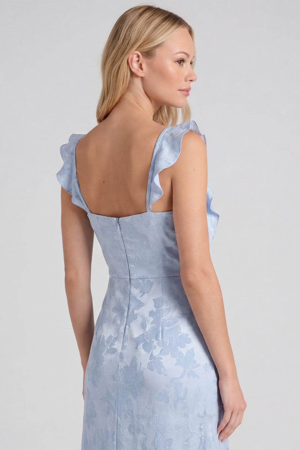 Floral Jacquard Ruffle Strap Long Bridesmaid Dress with Slit