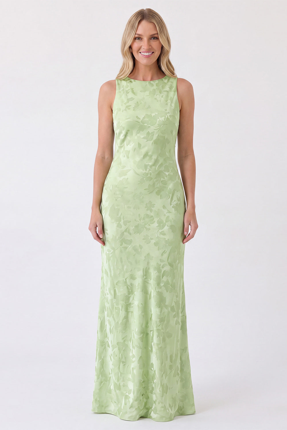 Sage Floral Bateau Neck Mermaid Backless Long Bridesmaid Dress