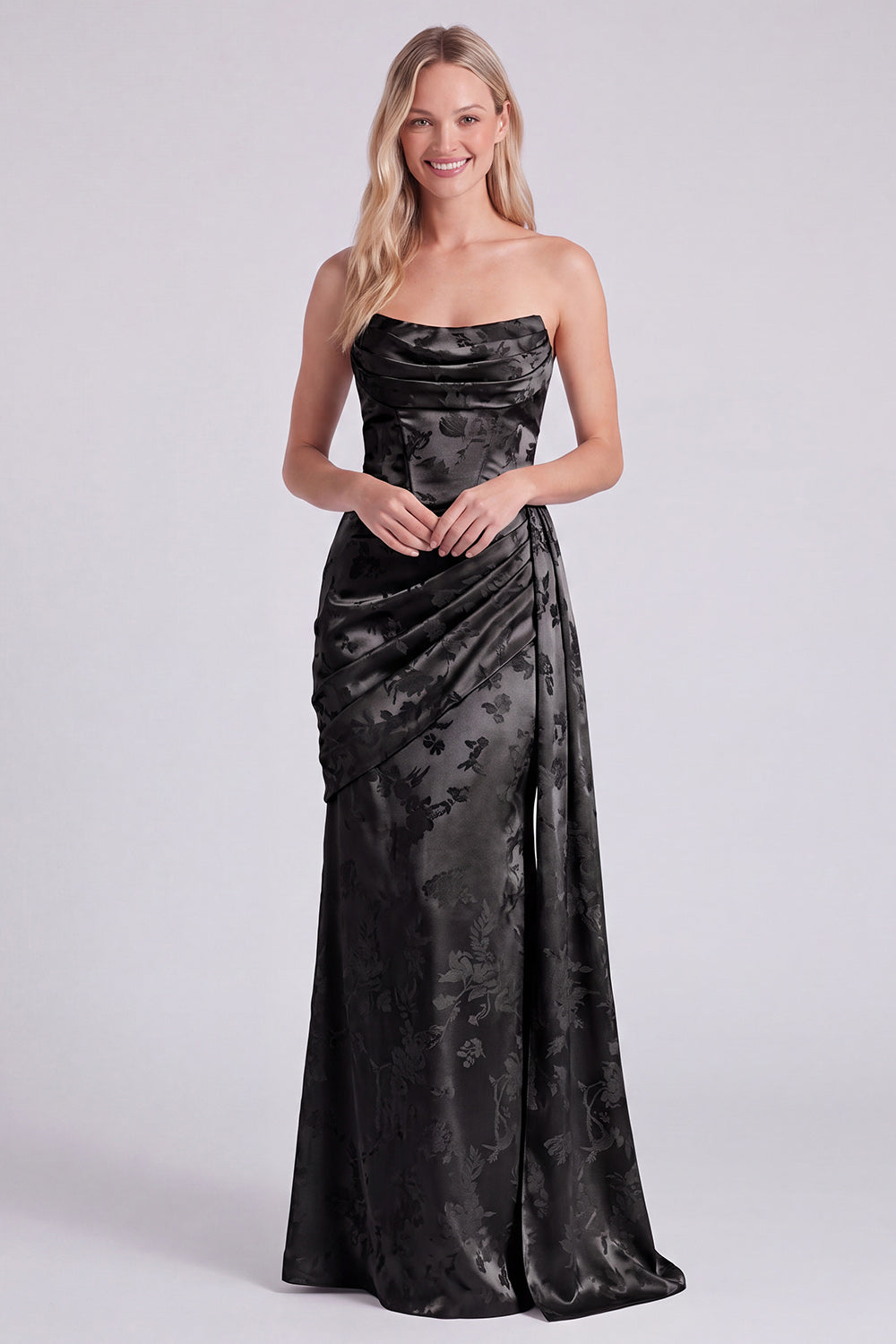 Satin Sage Strapless Ruched Mermaid Floral Long Bridesmaid Dress with Sash