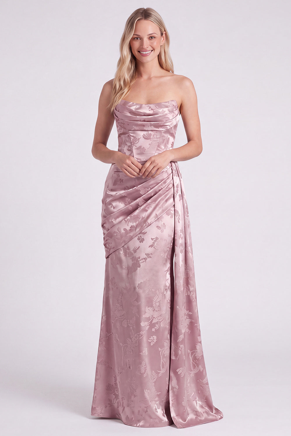 Satin Sage Strapless Ruched Mermaid Floral Long Bridesmaid Dress with Sash