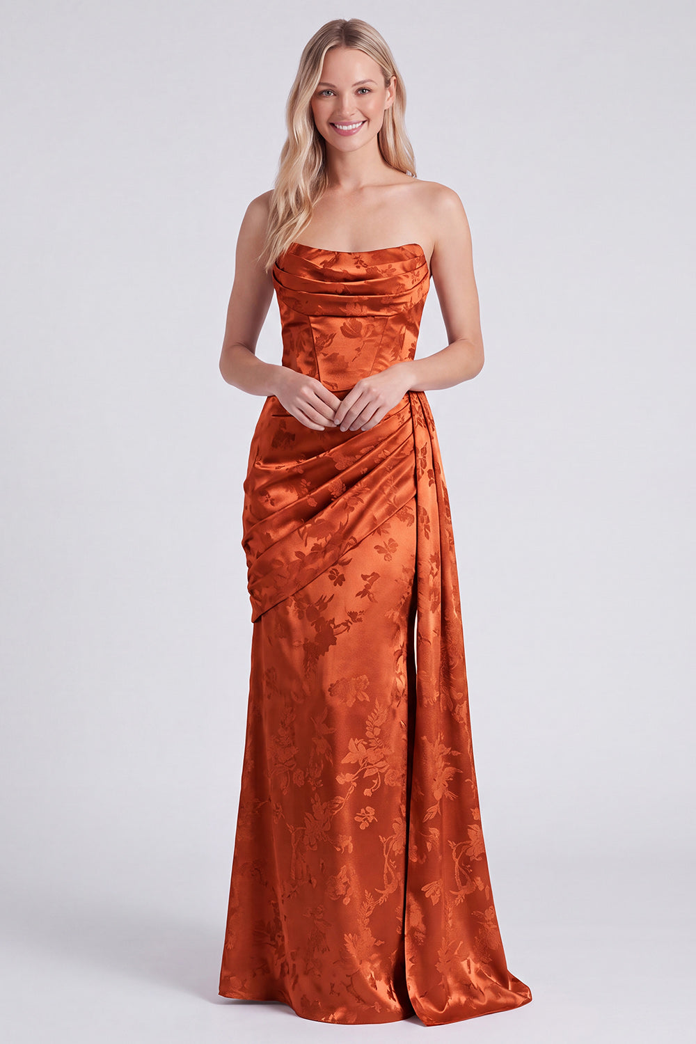Satin Sage Strapless Ruched Mermaid Floral Long Bridesmaid Dress with Sash
