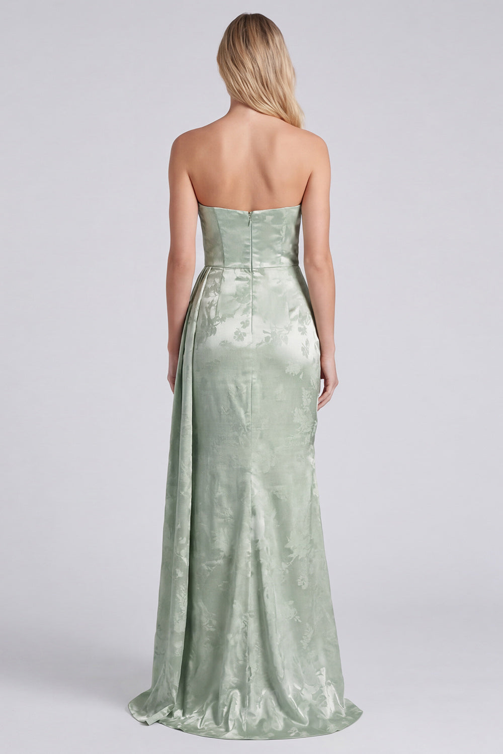 Satin Sage Strapless Ruched Mermaid Floral Long Bridesmaid Dress with Sash