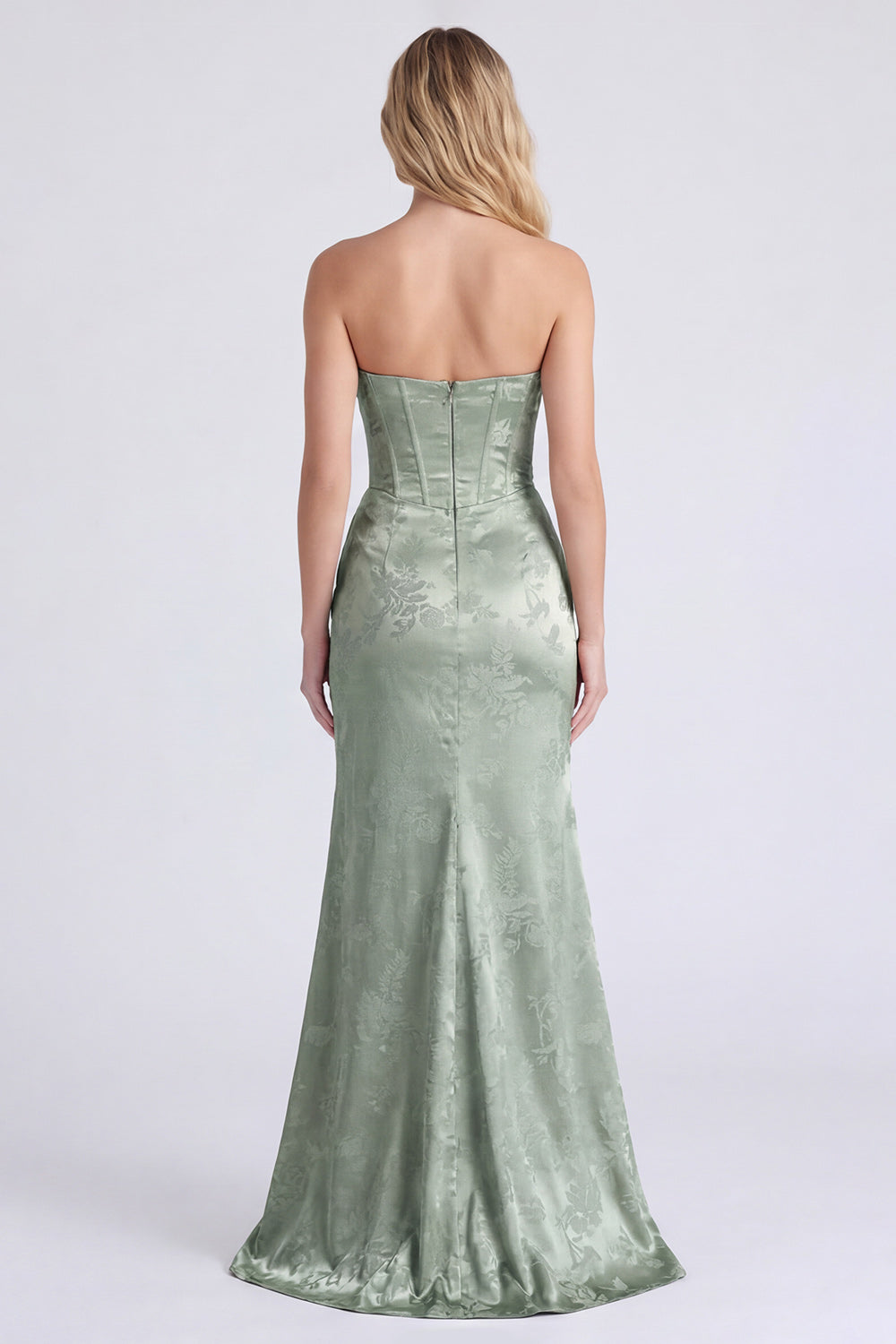 Strapless Sage Floral Corset Mermaid Ruched Long Bridesmaid Dress with Slit