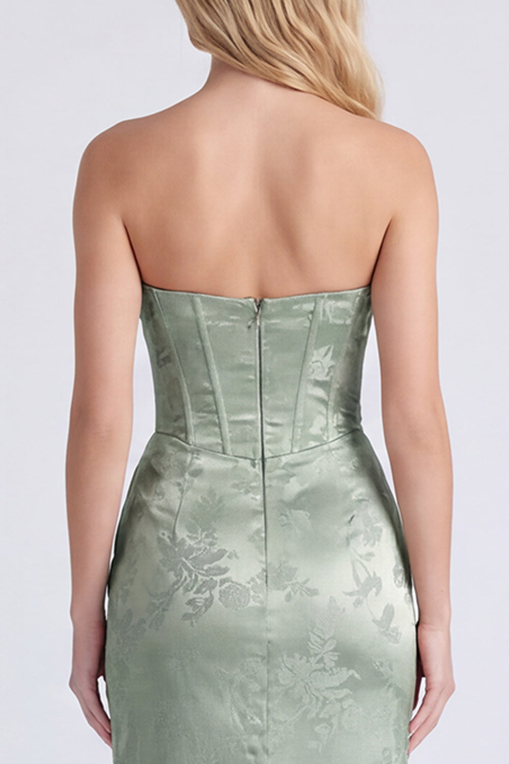 Strapless Sage Floral Corset Mermaid Ruched Long Bridesmaid Dress with Slit