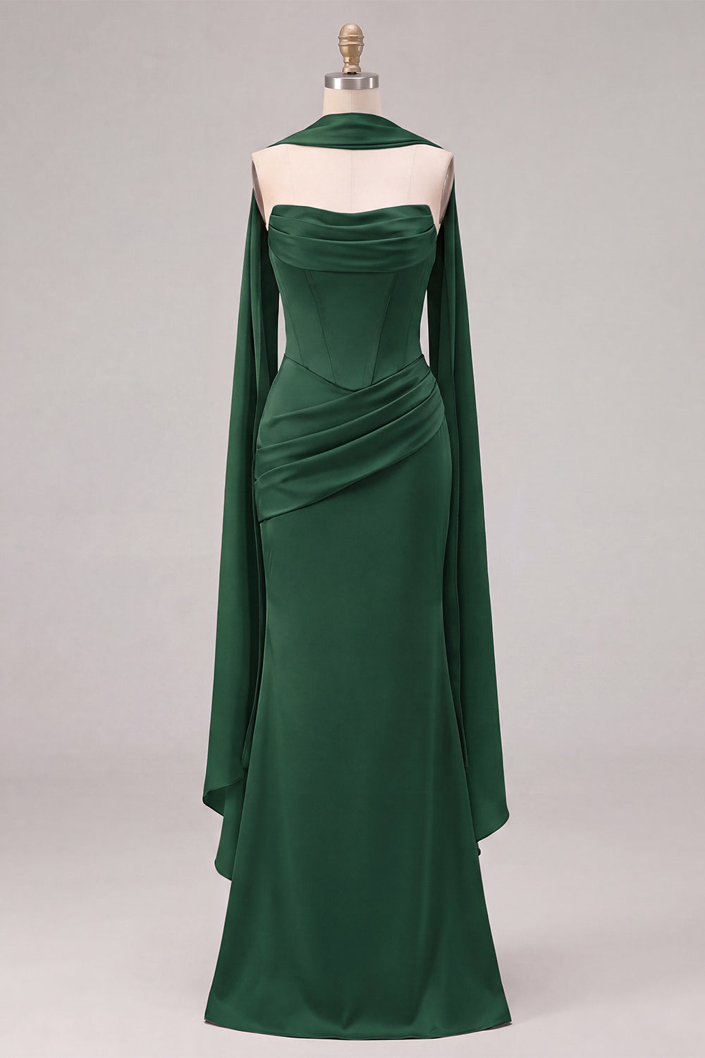 Mermaid Sage Strapless Corset Ruched Long Bridesmaid Dress with Lace Up Back