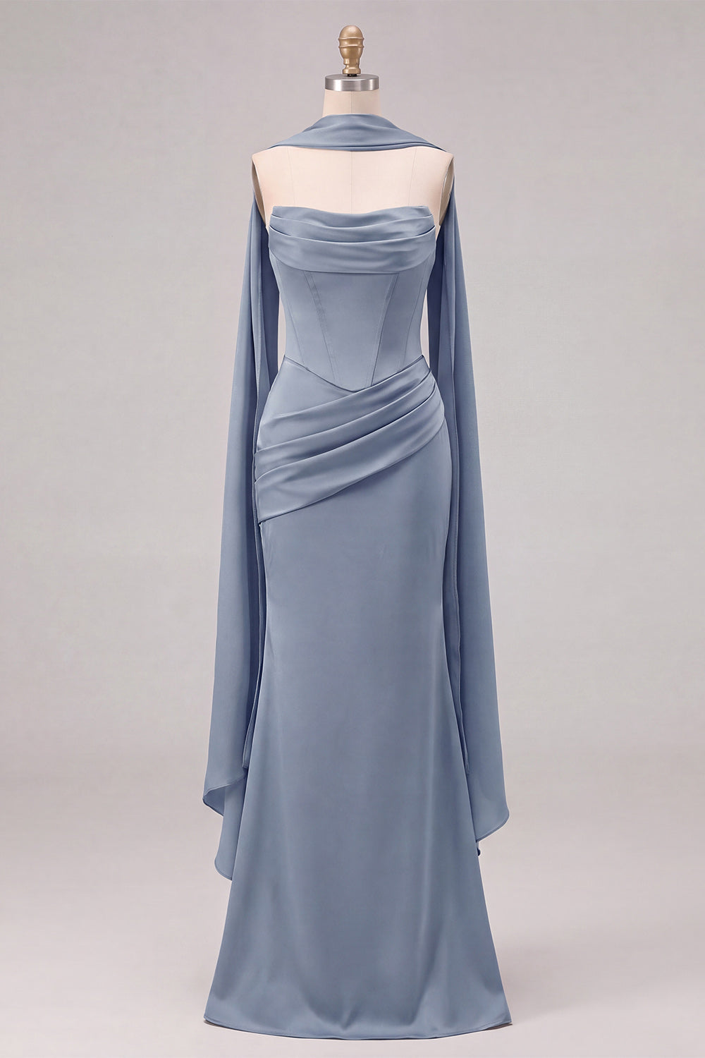 Mermaid Sage Strapless Corset Ruched Long Bridesmaid Dress with Lace Up Back