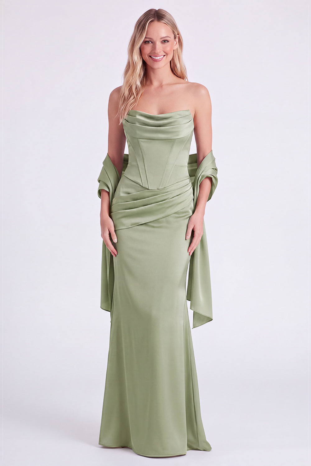 Mermaid Sage Strapless Corset Ruched Long Bridesmaid Dress with Lace Up Back