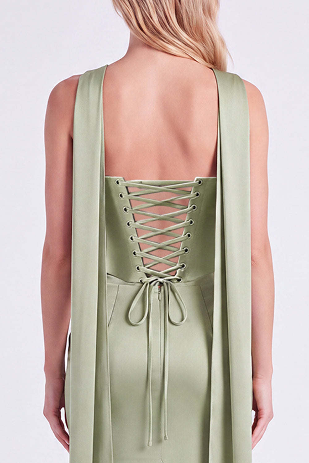 Mermaid Sage Strapless Corset Ruched Long Bridesmaid Dress with Lace Up Back
