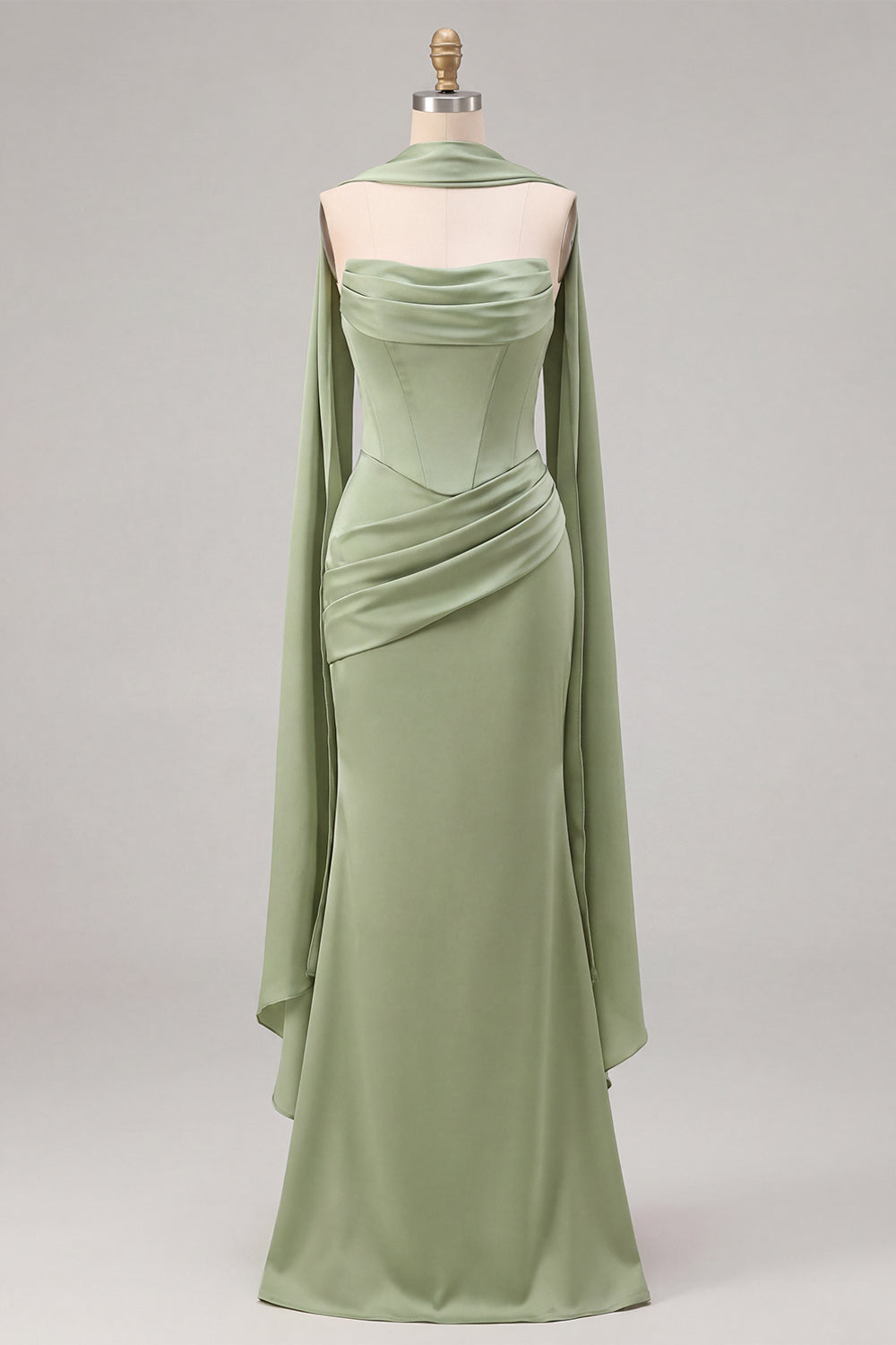 Mermaid Sage Strapless Corset Ruched Long Bridesmaid Dress with Lace Up Back