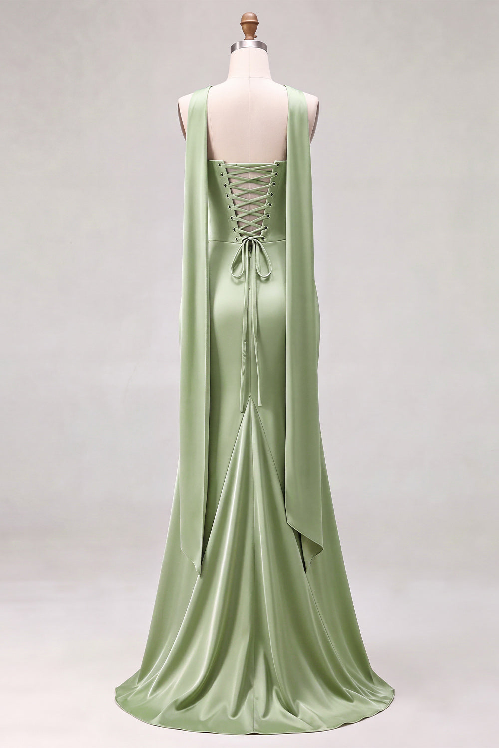 Mermaid Sage Strapless Corset Ruched Long Bridesmaid Dress with Lace Up Back