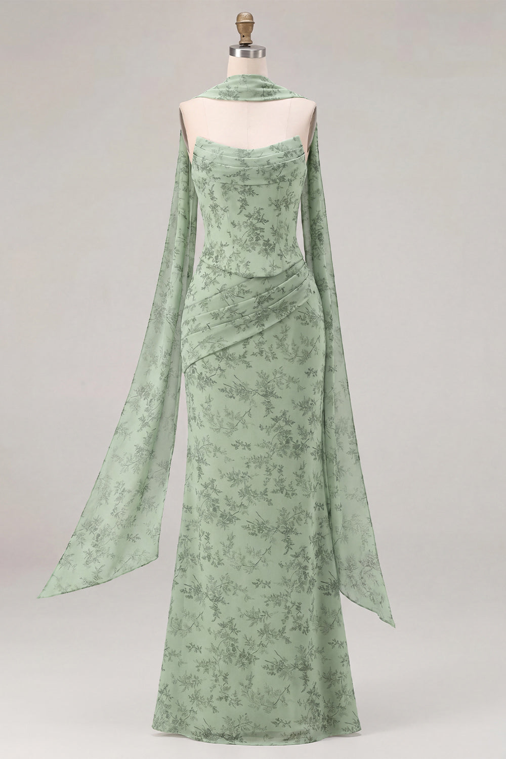 Mermaid Sage Strapless Corset Ruched Long Bridesmaid Dress with Lace Up Back