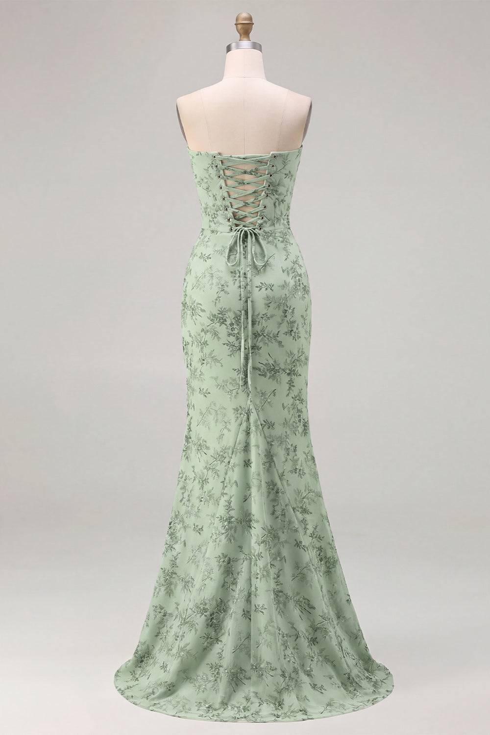 Mermaid Sage Strapless Corset Ruched Long Bridesmaid Dress with Lace Up Back