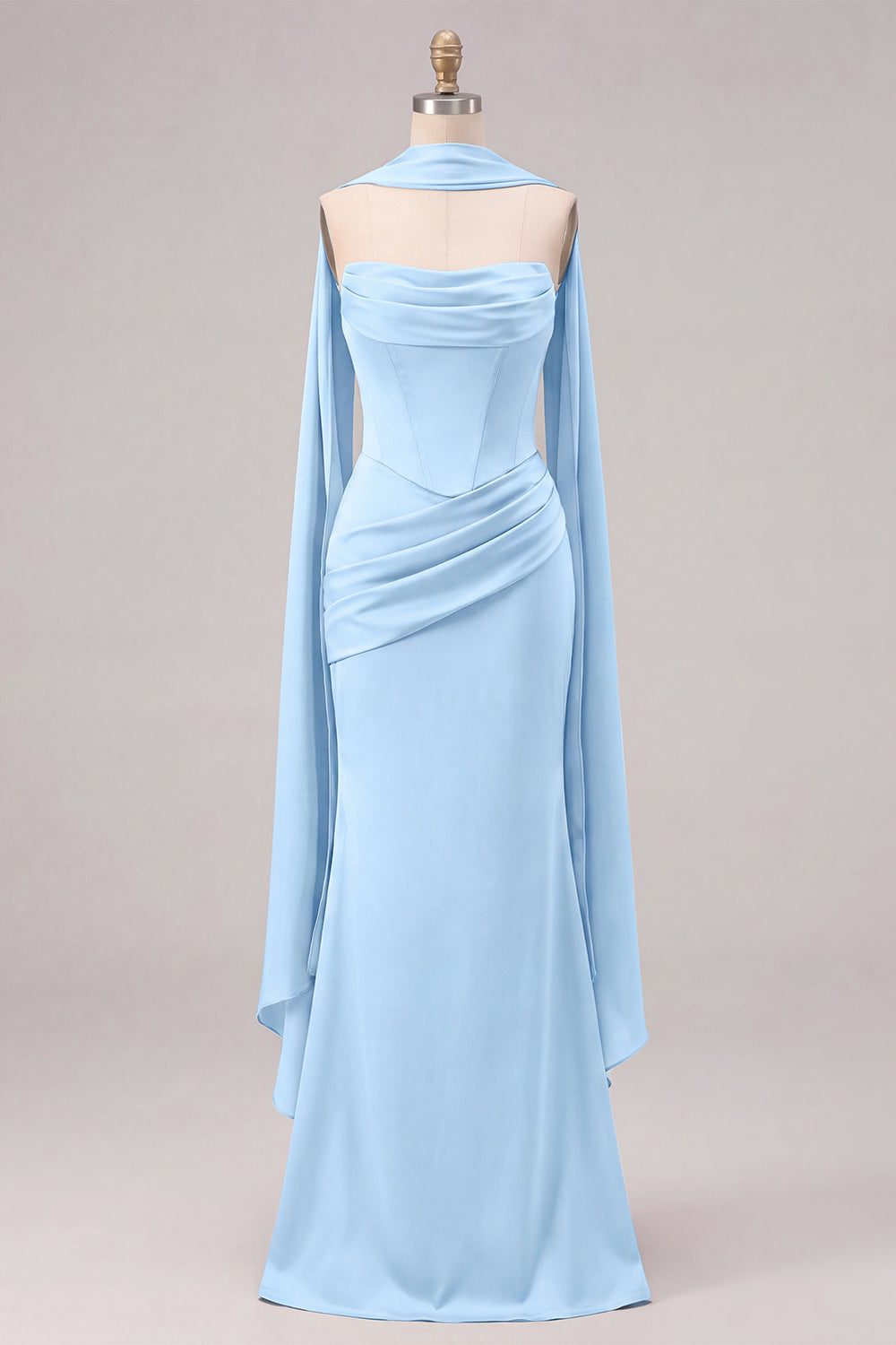Mermaid Sage Strapless Corset Ruched Long Bridesmaid Dress with Lace Up Back
