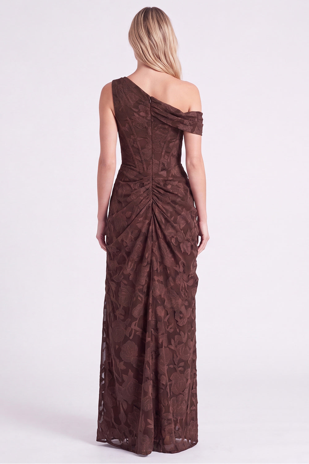 Espresso One Shoulder Floral Ruched Corset Long Bridesmaid Dress with Slit