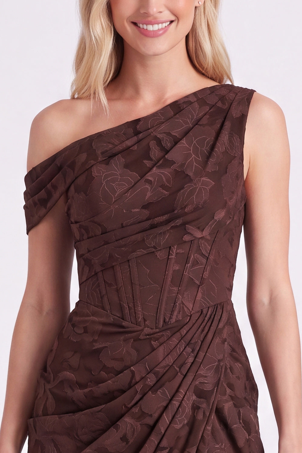 Espresso One Shoulder Floral Ruched Corset Long Bridesmaid Dress with Slit