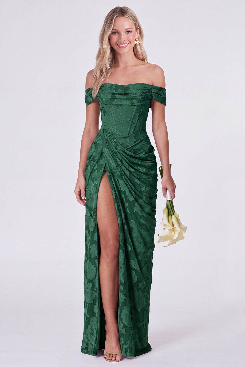 Vestido de Dama de Honor Sage Sirena Floral con Corsé, Hombros Descubiertos y Abertura
