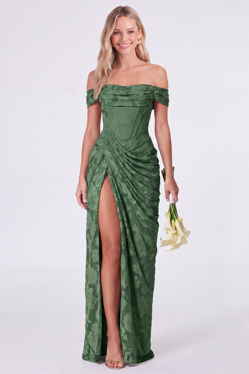 Vestido de Dama de Honor Sage Sirena Floral con Corsé, Hombros Descubiertos y Abertura
