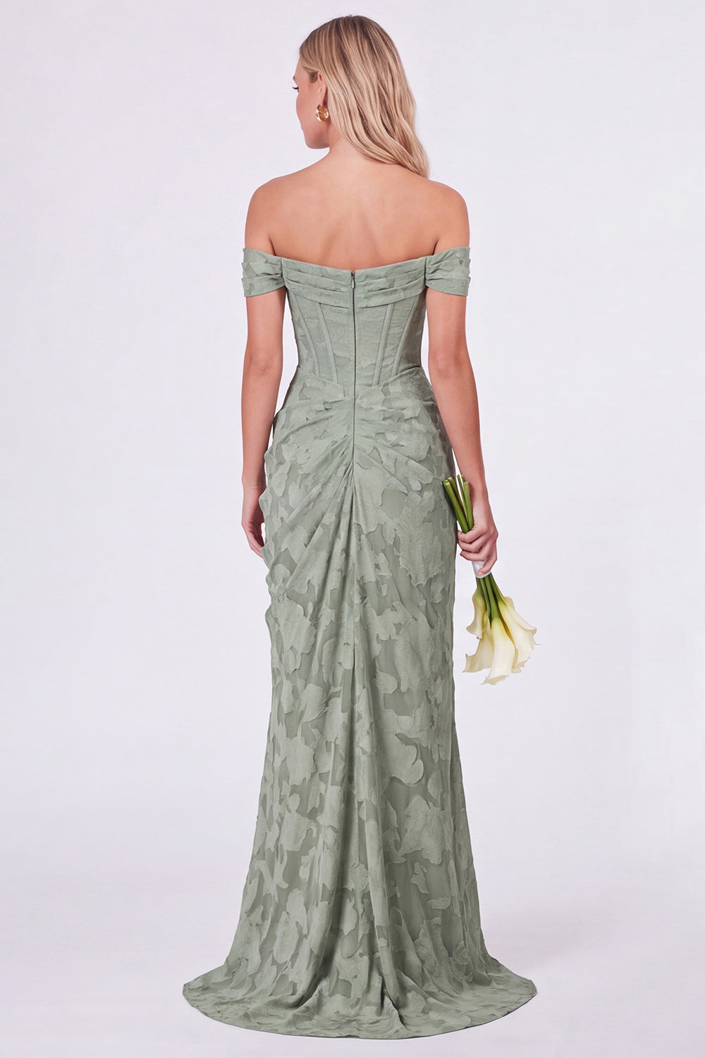 Vestido de Dama de Honor Sage Sirena Floral con Corsé, Hombros Descubiertos y Abertura