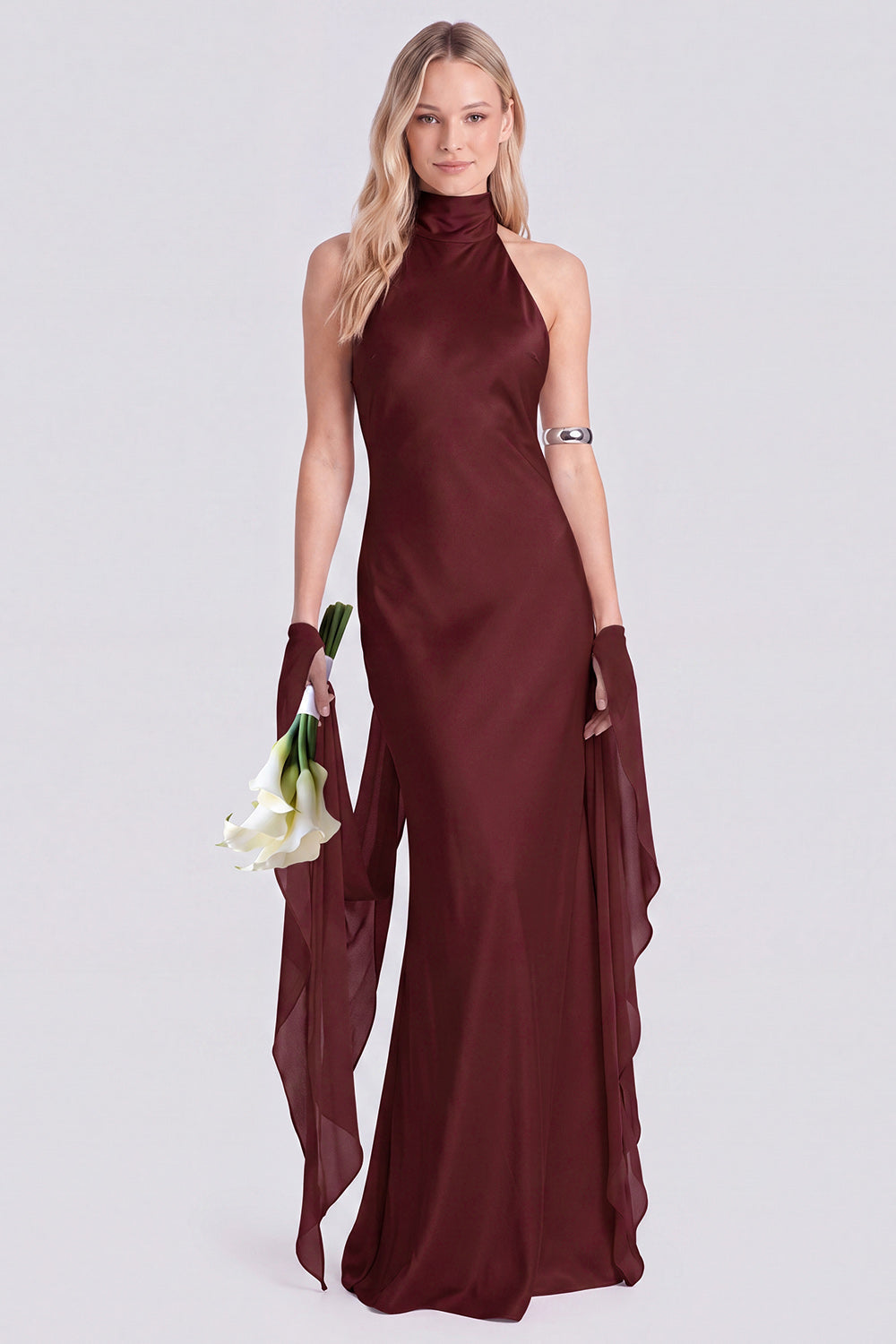 Pink Halter Neck Satin Mermaid Long Bridesmaid Dress