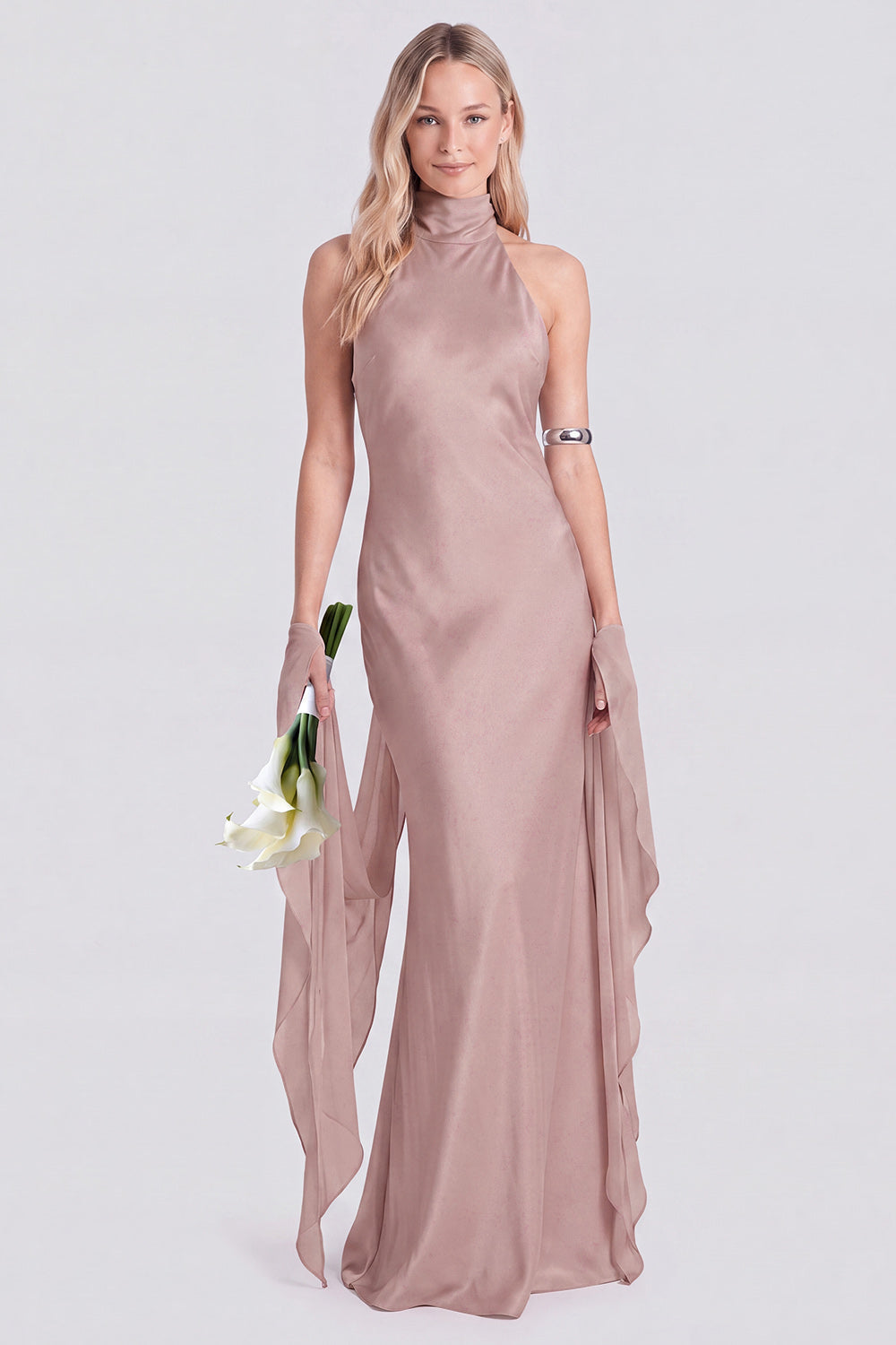 Pink Halter Neck Satin Mermaid Long Bridesmaid Dress
