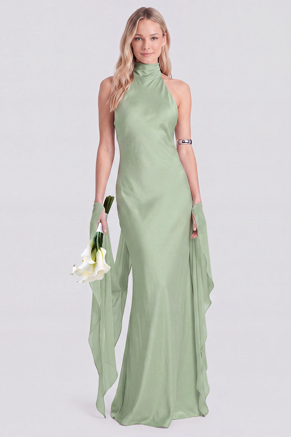 Pink Halter Neck Satin Mermaid Long Bridesmaid Dress