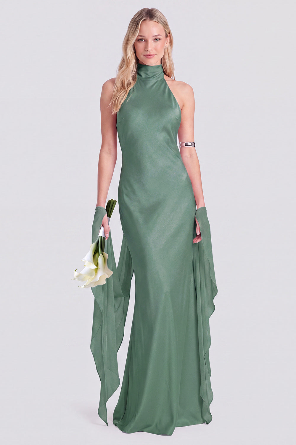Pink Halter Neck Satin Mermaid Long Bridesmaid Dress