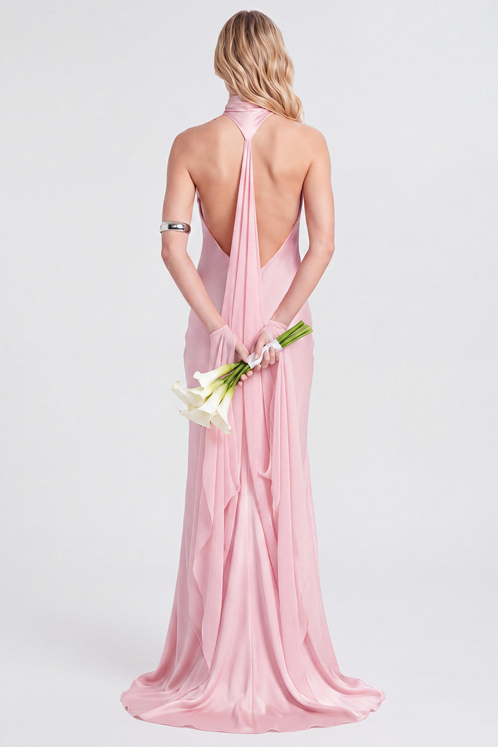 Pink Halter Neck Satin Mermaid Long Bridesmaid Dress