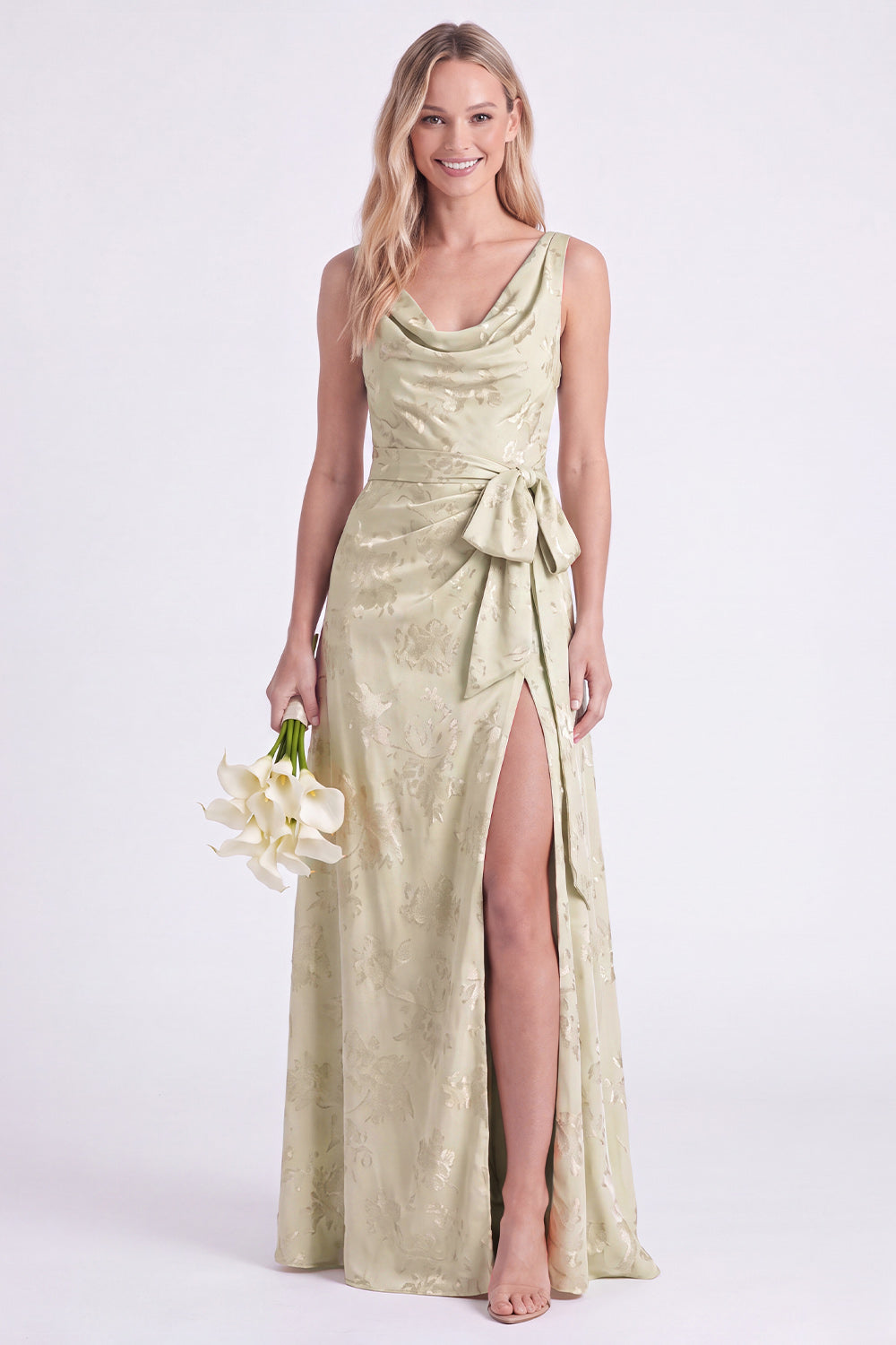 Pink Flower Cowl Neck A-Line Belt Long Bridesmaid Dress with Slit