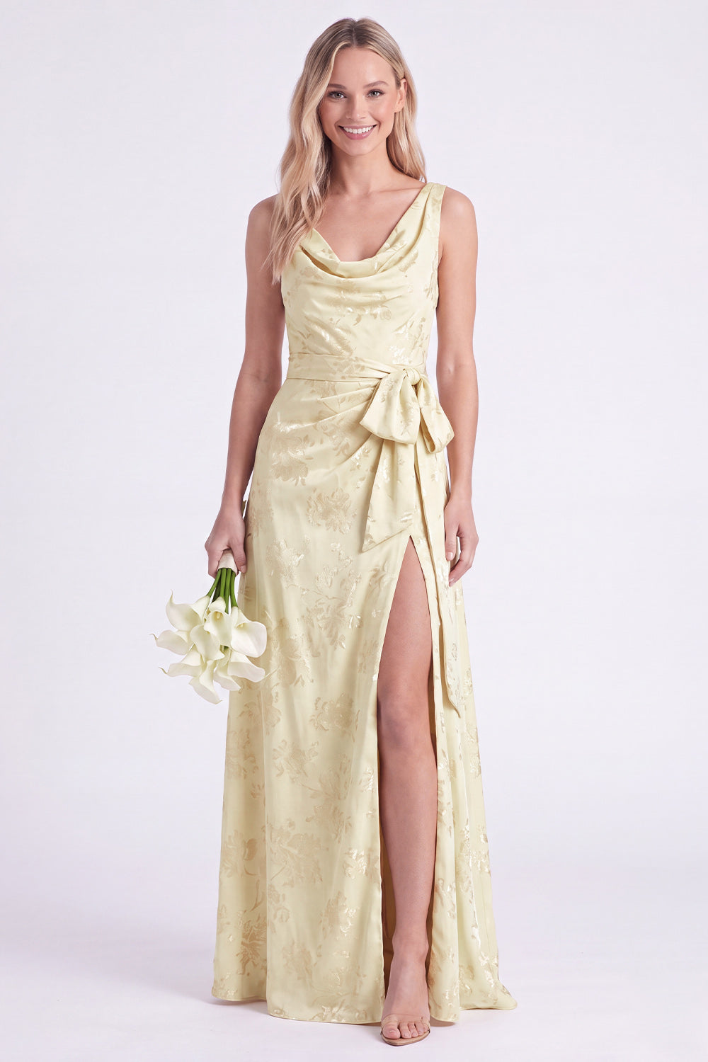 Pink Flower Cowl Neck A-Line Belt Long Bridesmaid Dress with Slit