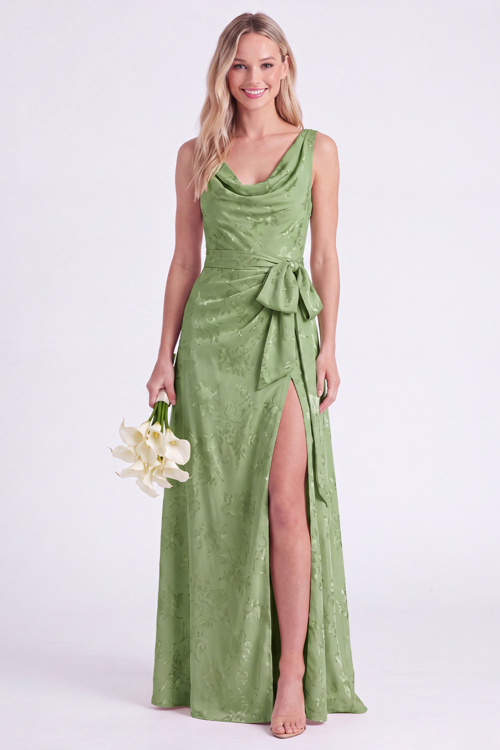 Pink Flower Cowl Neck A-Line Belt Long Bridesmaid Dress with Slit