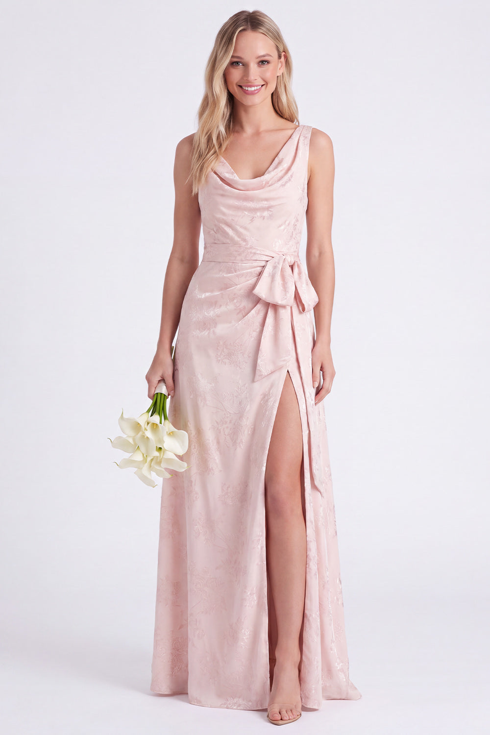 Pink Flower Cowl Neck A-Line Belt Long Bridesmaid Dress with Slit