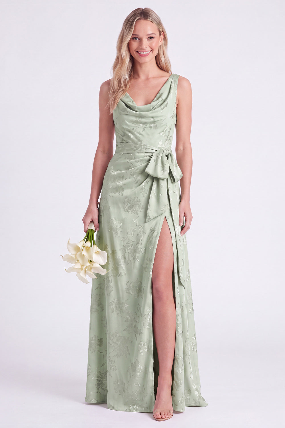 Pink Flower Cowl Neck A-Line Belt Long Bridesmaid Dress with Slit