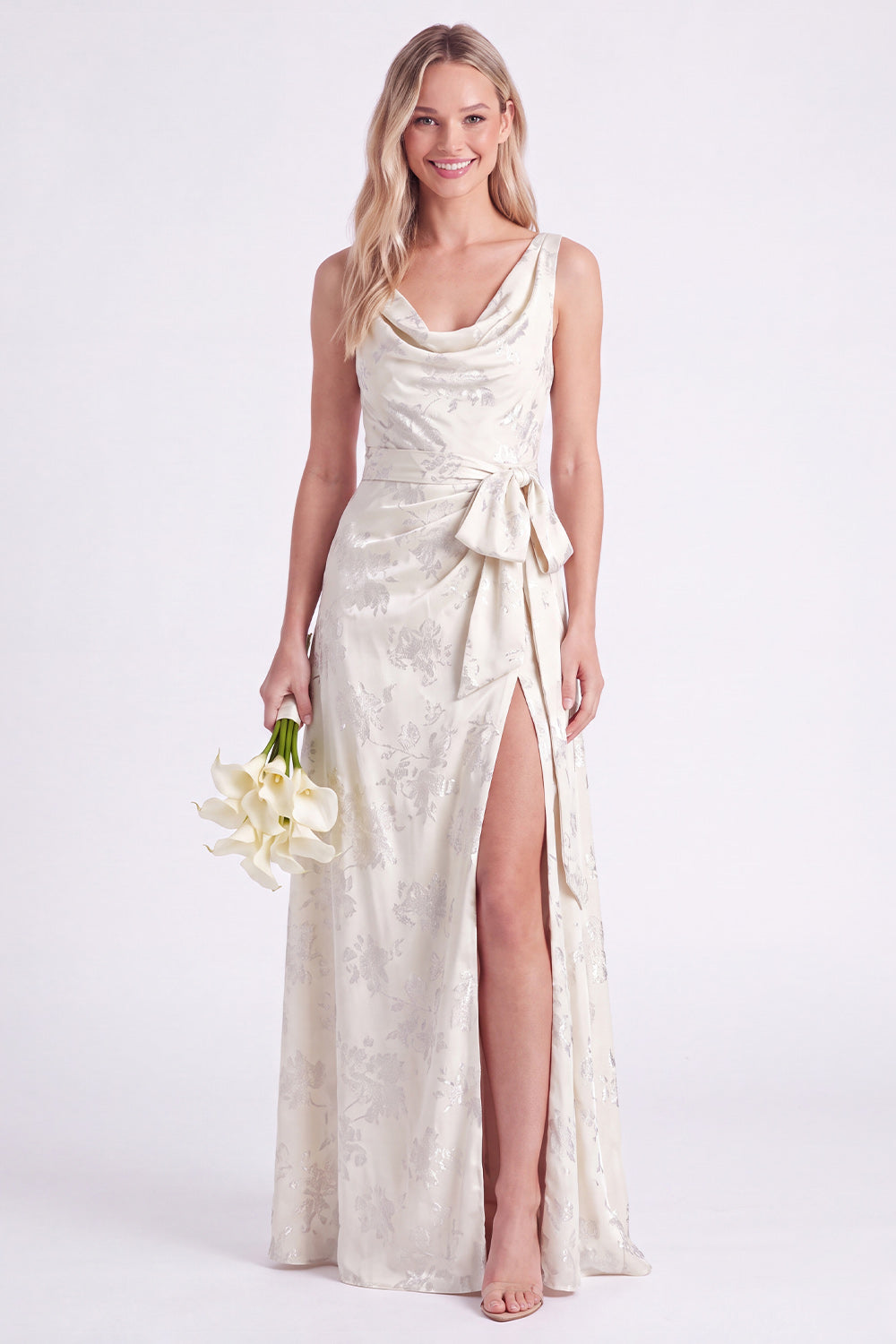 Pink Flower Cowl Neck A-Line Belt Long Bridesmaid Dress with Slit