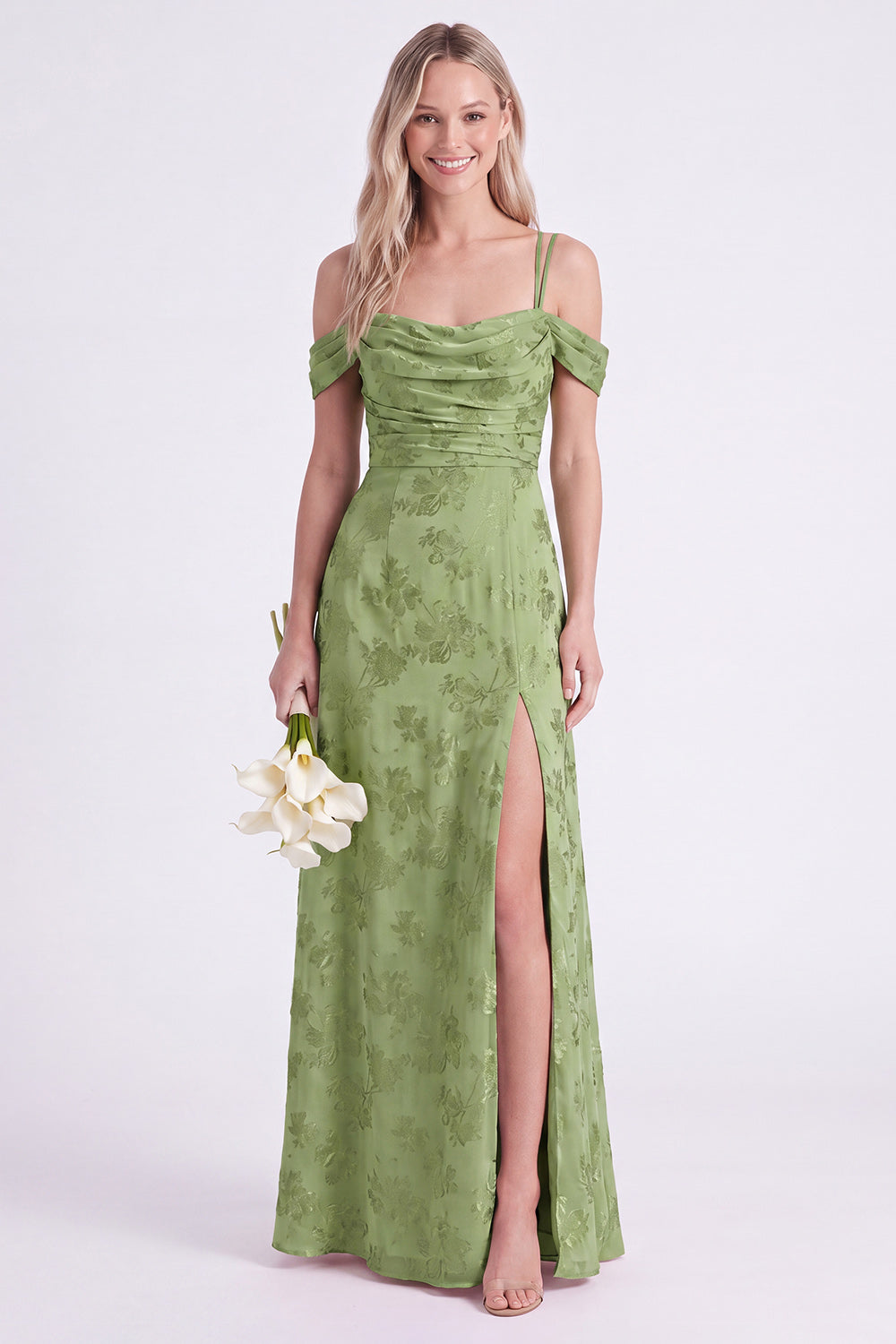 Pink Cold Shoulder Floral Ruched A-Line Lace Up Back Long Bridesmaid Dress with Slit
