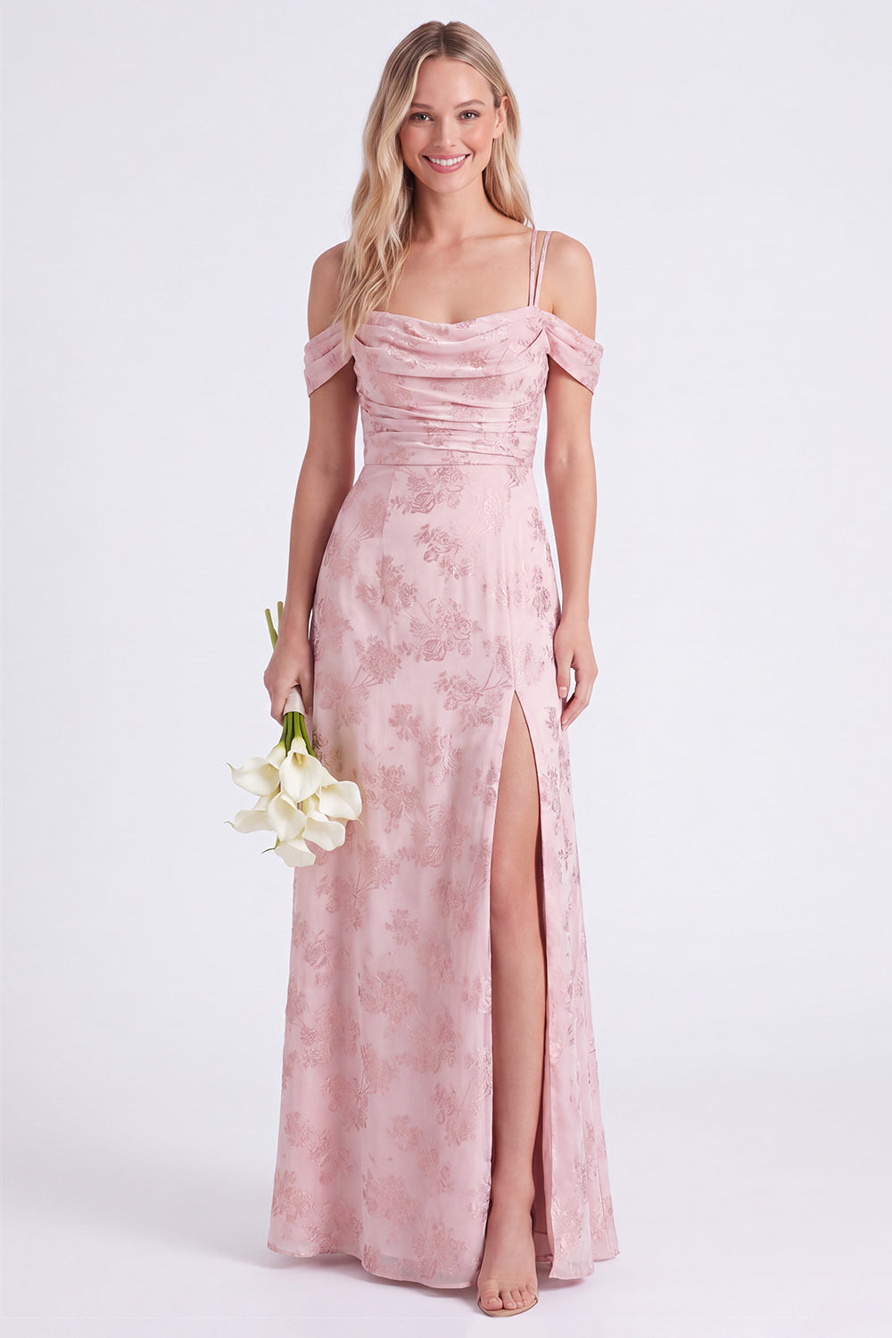 Pink Cold Shoulder Floral Ruched A-Line Lace Up Back Long Bridesmaid Dress with Slit
