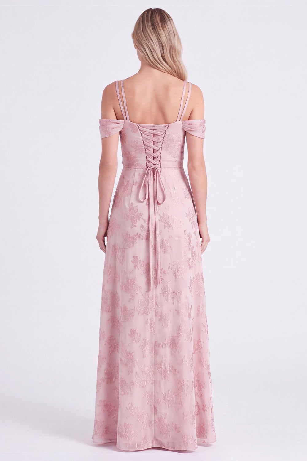 Pink Cold Shoulder Floral Ruched A-Line Lace Up Back Long Bridesmaid Dress with Slit