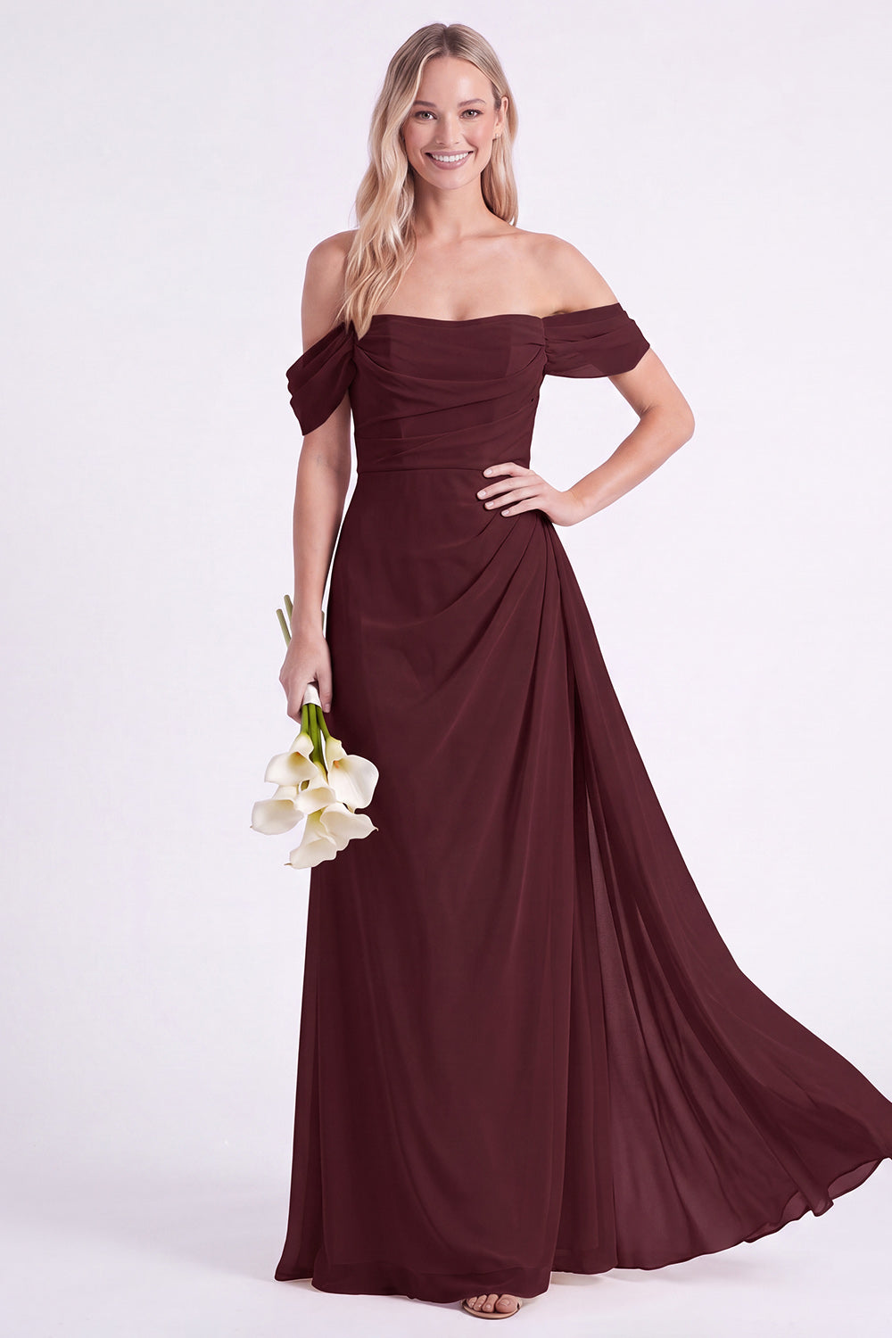 Daffodil Off-the-Shoulder Chiffon Ruched Long Bridesmaid Dress