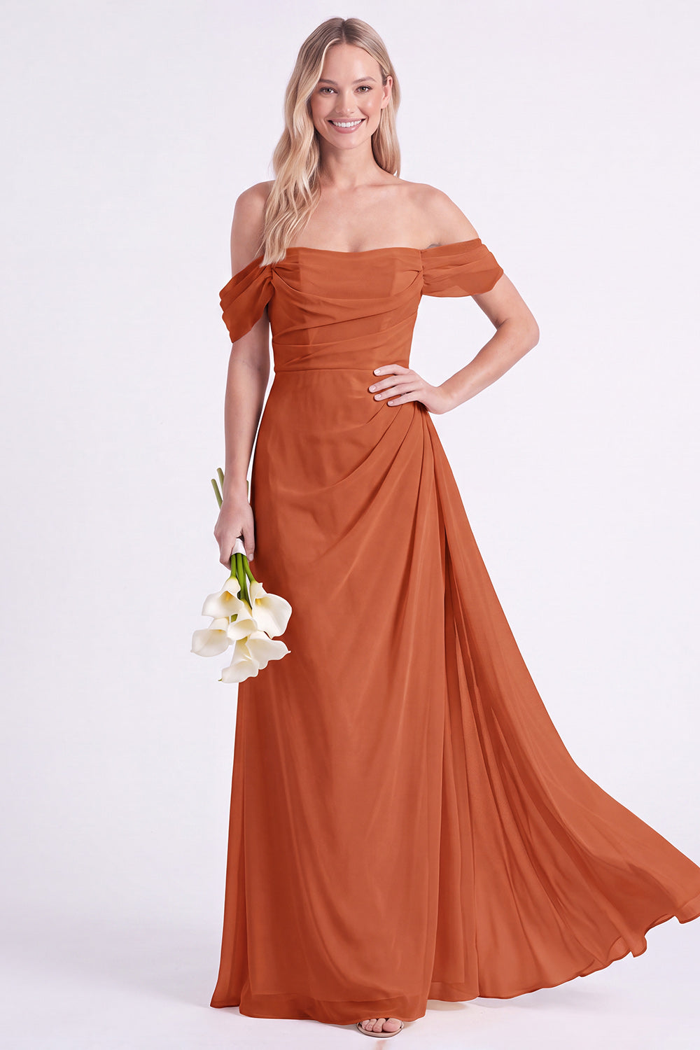 Daffodil Off-the-Shoulder Chiffon Ruched Long Bridesmaid Dress