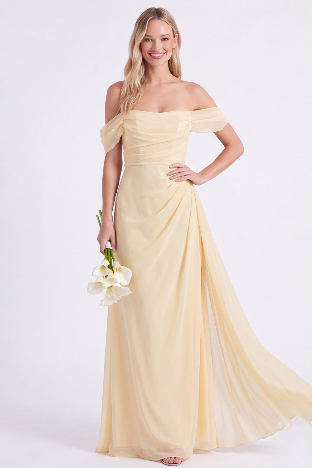 Daffodil Off-the-Shoulder Chiffon Ruched Long Bridesmaid Dress