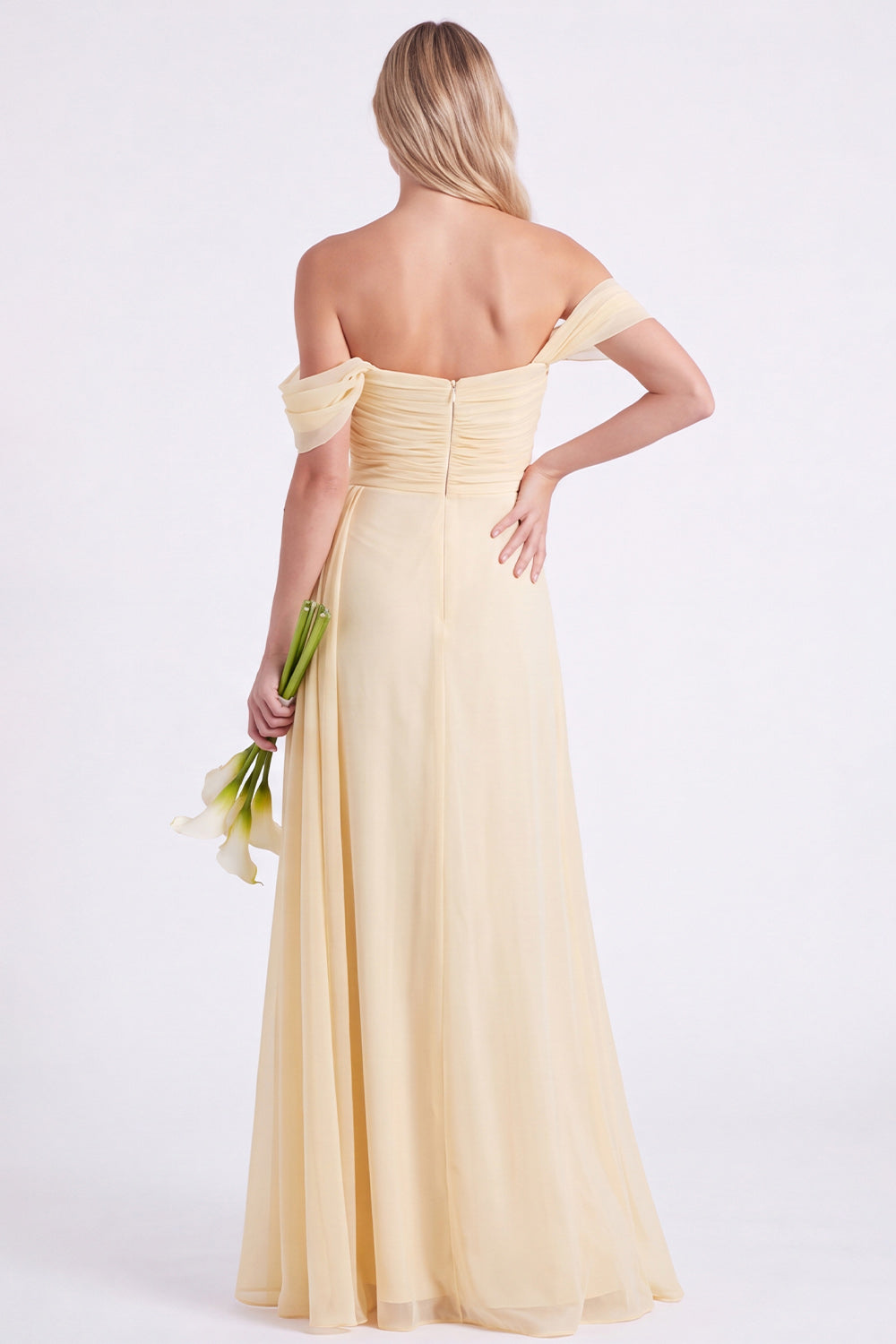 Daffodil Off-the-Shoulder Chiffon Ruched Long Bridesmaid Dress