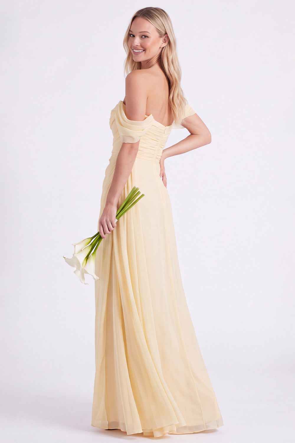 Daffodil Off-the-Shoulder Chiffon Ruched Long Bridesmaid Dress